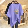 Camiseta de algodón de verano nueva, de cuello redondo, de largo medio, holgada, de manga corta, versátil, de talla grande, adelgazante, a la moda, con estampado de chica gordita para mujer