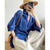 Artículos de Calidad Original de Fila~ Camisa de Lino Azul Klein de Manga Larga para Mujer, Estilo Holgado y Relajado Primavera/Verano con un Toque de Alta Gama