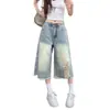 Design Retrô Jeans Sete Rasgado 2026 Verão Novo Cintura Alta Emagrecimento Versátil Solto Calças Wide Leg Femininas