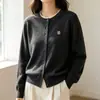 Cardigã de tricô bordado de manga longa para mulheres, novo estilo primavera e outono 2026, gola redonda solta, color-blocking, jaqueta de tricô fina, top curto