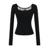 Atacado de Roupas Femininas Transfronteiriças Estilo Europeu e Americano Gola U Renda Patchwork Cor Sólida Tops Outono Inicial Novas Camisetas Slim Versáteis de Manga Longa