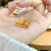 Novo Método Antigo Chinês Ouro de Areia Série Flor das Miríades Formas Anel Aberto Rombo Vermelho Trevo de Quatro Folhas Flor de Quatro Pétalas Tatuagem Anel de Dedo