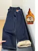 Jeans Rectos Estilo Retro Americano Petite para Mujer Otoño/Invierno 2025 Forrados de Polar Cintura Alta Adelgazantes Ajustados Pierna Ancha de Piso