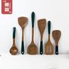 Juego de cuchara pala de madera con mango verde oscuro para ala de pollo Utensilios de cocina antiadherentes para el hogar Cuchara pala de madera de mango largo para saltear Cuchara sopera Juego completo