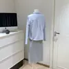Camisa Corta de Manga Larga Rayada Azul/Café para Mujer, Delgada Estilo Coreano Holgada para Tallas Pequeñas