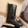 ¡En Stock! Piel de Vaca~Nuevas Botas de Estilo Coreano sin Cordones, Adelgazantes de Pierna Ancha, Botas de Cuero Genuino de Tacón Bajo hasta la Mitad de la Pantorrilla para Otoño e Invierno, Botas Martin