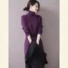 Vestido suéter de punto largo hasta la rodilla con cuello alto y cinturón, estilo minimalista coreano, elegante para mujer, moda de otoño e invierno