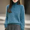 Nuevo Suéter de Punto con Cuello Alto Medio Abierto de Lana Cachemir Otoño/Invierno 2026 Manga Larga Hilo Floral Suéter de Lana Cepillada Top para Mujer
