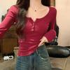 Pure Desire Cinza U-Neck Collarbone T-shirt Ombro Manga Longa Outono Slim-Fit Doce e Quente Nicho Gola Meio Aberta All-Match Base Camisa