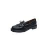 Mocassins Estilo Britânico Padrão Crocodilo Couro Bovino com Laço e Franja Primavera 2024 Salto Médio Grosso Bico Redondo Calçados de Couro Genuíno para Mulheres