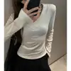 Micron De Rong Otoño e Invierno Canalé Cuello en V Amplio Capa Interior Capa Base Camiseta para Mujer Estilo Coreano Ropa Exterior Esta Camiseta de Hombro Normal Top de Color Sólido