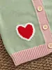 Cárdigan de punto de algodón puro para bebé y niño pequeño, estilo dos piezas falsas para niñas, cuello redondo con bloques de color, suéter dulce de corazón y cereza, chaqueta 100% algodón