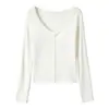 Camiseta base de punto blanca, camiseta de manga larga fina para mujer de principios de otoño, prenda interior ajustada, efecto adelgazante, hombro normal, top de cuello en V