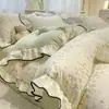 Juego de Ropa de Cama de Cuatro Piezas de Gasa de Doble Capa Arrugada con Encaje Modelo Nuevo 2026 Sábana y Funda de Edredón para Todas las Estaciones Ropa de Cama para Dormitorio