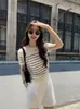 Bonito Fin de Semana Camiseta Básica de Rayas Blancas y Negras de Manga Corta para Mujer Verano Holgada Casual Adelgazante Top de Punto