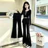 Pantalones acampanados de dos piezas estilo ballet para niñas, colección de otoño, diseño negro con volantes, estilizan y son fluidos, pantalones acampanados casuales para niños mayores