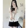 Camisa de manga corta plisada tipo organza para mujer, estilo verano, linda, uniforme JK, traje de estudiante, camisa blanca, falda plisada, conjunto de tres piezas