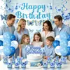 Tela de fondo de forma irregular para fiesta de cumpleaños de mariposa azul, serpentinas con purpurina, decoraciones colgantes en espiral, globos, adornos para pasteles y decoraciones