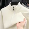 Suéter masculino grosso de peça única com forro de fleece, atacado transfronteiriço, inverno, zíper parcial, casual, cor sólida, versátil, malha base