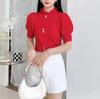 Top de Deseo Puro Manga Corta Cuello Medio Tejido para Mujer Otoño y Verano Nuevo Estilo Costura de Gasa Manga de Linterna Tejido Ajustado y Elegante