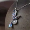 Charme antigo de Sião feminino azul queimado incrustado com jade Hetian Magpie pingente de prata S925 prata vintage conjunto de colar de prata tailandesa corrente