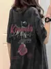 Garota cheinha Algodão Bonito Com Cara de Velho Lavado Preto plus size Camiseta de Manga Curta Estilo Harajuku Costas Rosa Estampada Top para Homens e Mulheres