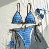 2026 Verão Novo Mais Vendido Azul Listrado Amarrar Cordão Sexy Puro Desejo Conjunto de Biquíni Duas Peças Estilo Férias na Praia