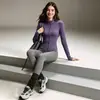 Conjunto de Yoga de Colorblock de Alta Gama Morado Cardigan con Cremallera y Cuello Alto Gris Pantalones de Yoga Ajustados de Tacto Nude de Cintura Alta
