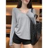 Camiseta plus size Design Sense com decote em V e manga comprida, camiseta feminina de primavera e outono, camisa de base simples interna, blusa de nicho emagrecedora para cobrir a barriga
