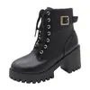 Botas de Estilo Europeo y Americano con Punta Redonda y Tacón Grueso, Diseño de Cordones y Hebilla, Nueva Moda de Otoño, Botas Martin Negras, Venta al por Mayor, Tallas Grandes