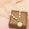 Collar de perlas de agua dulce Perla Barroca cierre de hebilla de ot cadena estilo coreano moneda de oro colgante de personalidad de oro de 14K