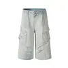 Calça Capri Jeans de Trabalho Masculina Solta Estilo Retro Tendência de Rua Desgastada Lavada Reta Casual Shorts com Vários Bolsos
