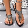 Sandálias Boêmia Feminina Tamanho Grande Novo Festa Férias Moda Strass Rasteirinha Casual Bico de Tira Sapatos de Praia
