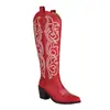 Botas de Moda Altas 4340 Botas Femininas Grossas Europeias e Americanas Comércio Exterior Botas de Cavaleiro tamanho grande Bordadas Martin Novo Salto Alto Vermelho