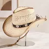 Sombrero vaquero de paja tejida con diseño calado estilo retro americano para hombre y mujer, sombrero vaquero versátil para protección solar de verano