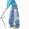 Toalha Divertida Estilo Americano Bordado Flores Cimitarra Jeans Homens Mulheres Outono Tendência Design de Marca Calça de Barra Reta Calça Casual Solta