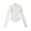 Camisa Básica de Manga Larga de Terciopelo Estilo Puro Deseo con Cuello Alto, Cintura Ceñida, Fruncidos y Dobladillo Curvo, Top Deportivo Ajustado, Nuevo Otoño