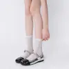 Meias Finas de Malha Creme para Primavera e Verão com Laços Laterais em Fita para Meninas Estilo Ins Meias de Cano Médio com Recorte de Coração