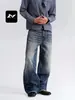 Jeans rectos de estilo retro americano, color azul oscuro, ricos en detalles, para hombres y mujeres, con un aspecto lavado, vintage y desgastado, diseñados para estilizar, de corte holgado y casual