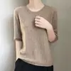 Suéter de tricô feminino transfronteiriço com gola redonda, novo estilo outono e inverno 2026, design vazado, mangas de três quartos, blusa básica pulôver solta, suéter fino