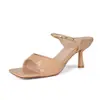 7688-1 Zapatos de tacón alto de punta abierta con acabado espejo para mujer, con tacones finos, punta cuadrada, correa trasera, sandalias de una tira para el día a día, versátiles para ir al trabajo