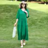 Vestido feminino de alta qualidade na cor vermelho rosa plus size para mães, vestido de algodão e seda que disfarça a barriga e emagrece, vestido de praia azul de corte solto com barra larga para usar por cima