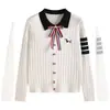 Suéter de punto pullover con cuello de corbata para otoño e invierno, estilo universitario americano, suéter de manga larga con cuatro rayas, top estilo coreano para mujer