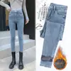Calça Jeans de Cintura Alta com Forro de Lã Calças Skinny de Inverno Femininas Calças Exteriores Calças Grossas Calças Lápis Elásticas Apertadas Femininas