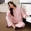 Algodón Puro2026 Nuevo Otoño Pijama de Mujer Manga Larga Pantalón Largo Cuello Solapa Sencillo Rosa Conjunto de Ropa para el Hogar