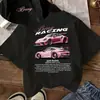 Camiseta Feminina Tamanho Europeu Cruzado Estampa de Carro Primavera Verão Gola Redonda Confortável Casual Manga Curta Preta