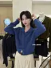 Cardigan de tricô aberto cinza estilo coreano com gola alta, macio e confortável, para mulheres, jaqueta suéter de manga comprida para outono, top curto