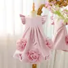 Novo vestido de batismo para menina da Amazon, vestido infantil com manguinhas bufantes e flores de camélia, vestido de princesa para apresentações de aniversário