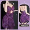 Jinxiao Lencería Sexy Nueva Almohadilla para Pecho Estampado de Mariposa Morada Espalda Descubierta Talla Grande Bata de Noche Ropa de Casa Qqny Mujeres
