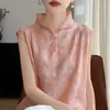 Novo Colete Sem Mangas Estilo Chinês com Gola Alta e Botões de Pérola para Mulheres, Verão Leve de Luxo de Alta Qualidade Soltinho Elegante Camisa Camiseta Top